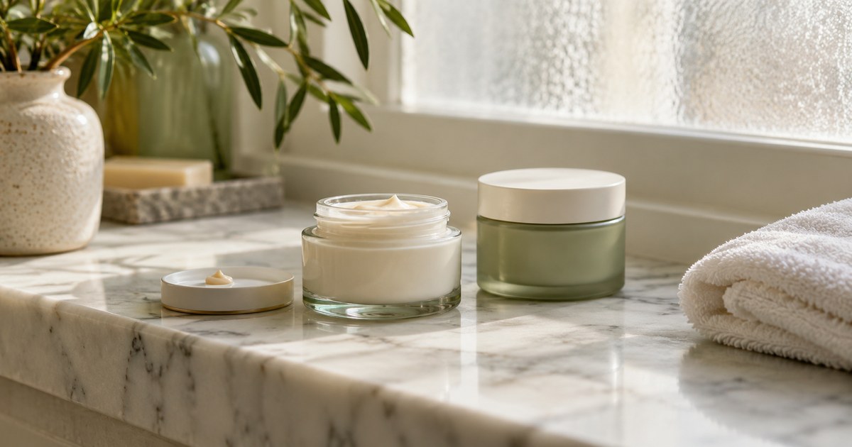 Two plain skincare jars on a marble bathroom shelf