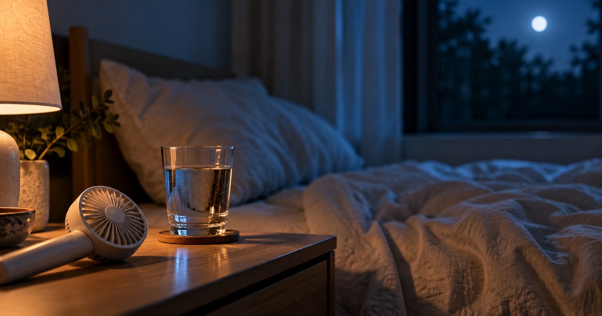 A glass of water and a small fan on a nightstand at night