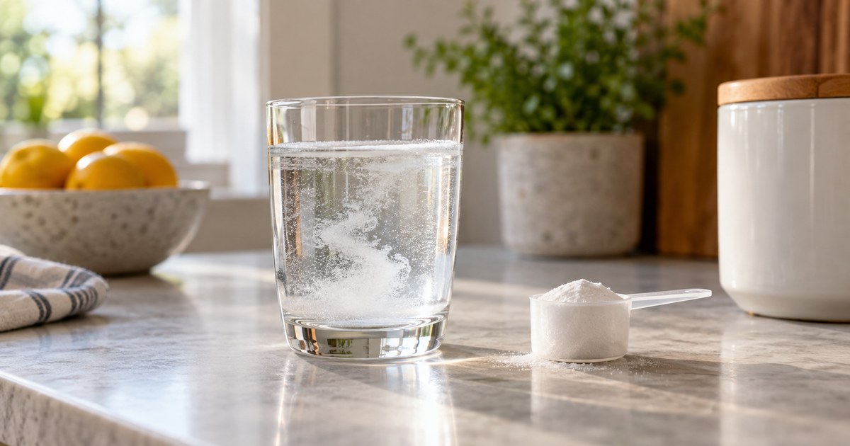 A glass of water with powder stirred in, on a kitchen counter