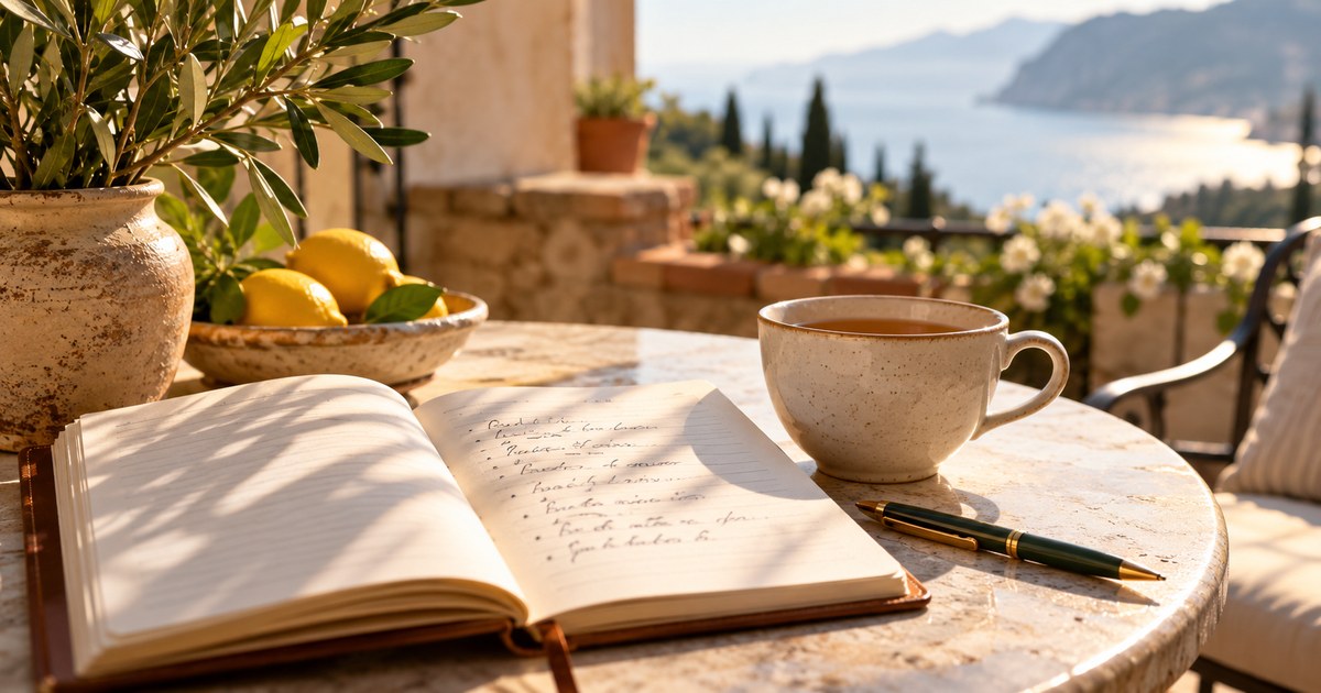An open journal with a handwritten list on a sunlit table