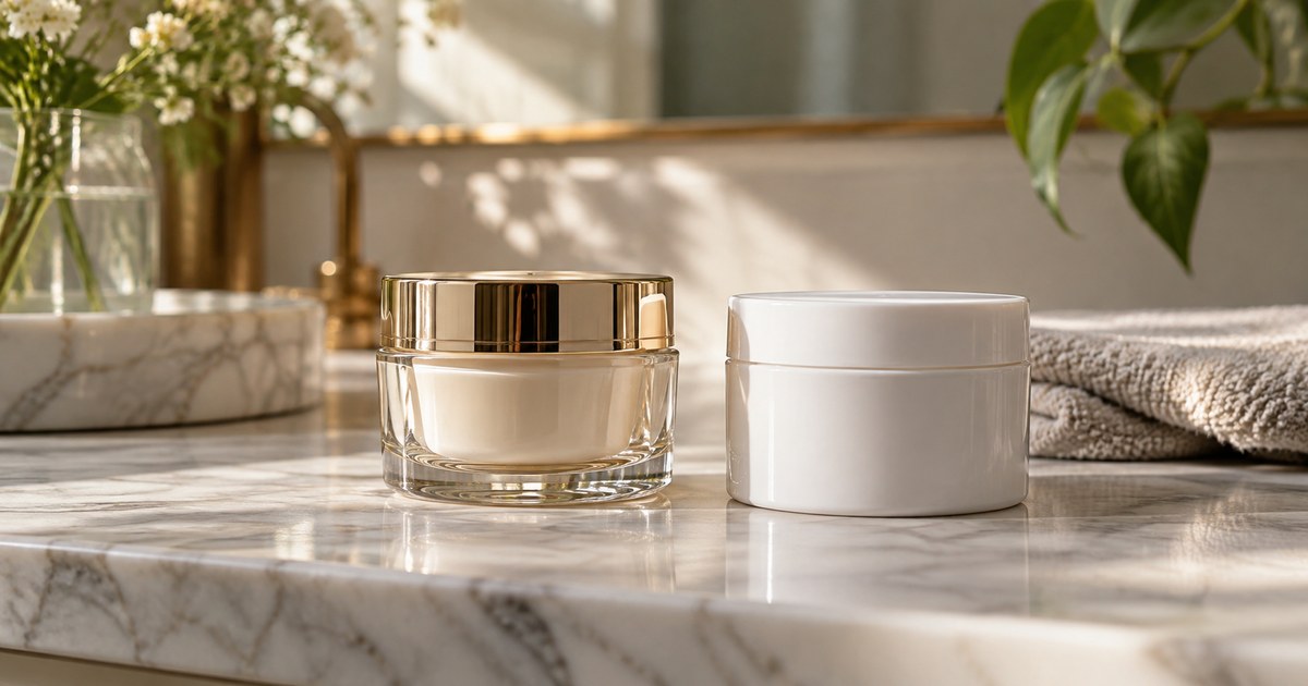 Two skincare jars, one ornate and one plain, side by side