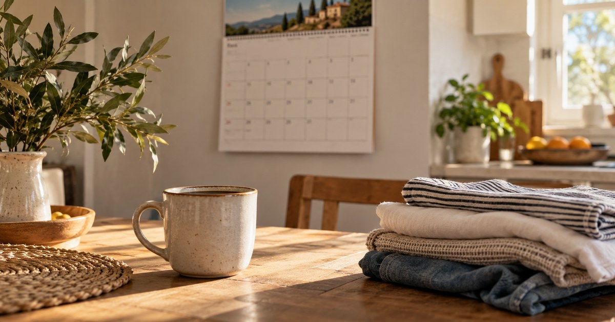 A coffee cup beside folded laundry on a kitchen table