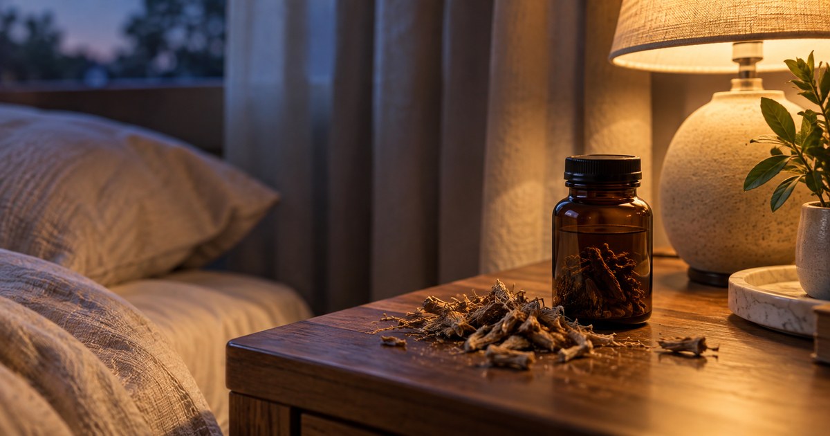 A supplement bottle and dried valerian root on a nightstand
