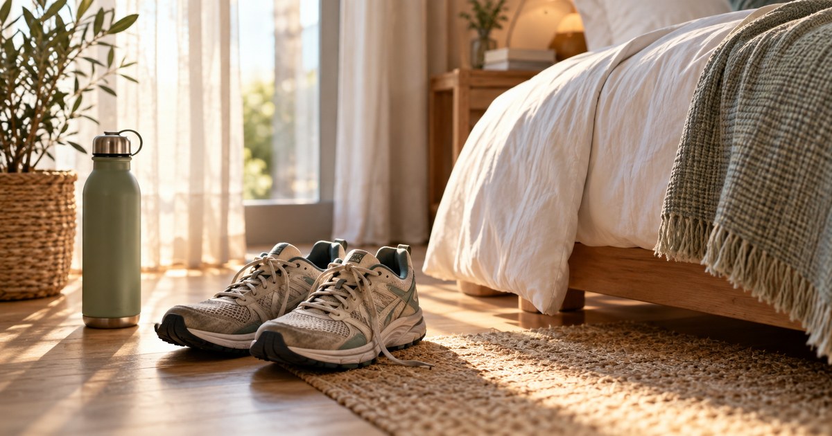Walking shoes beside a neatly made bed
